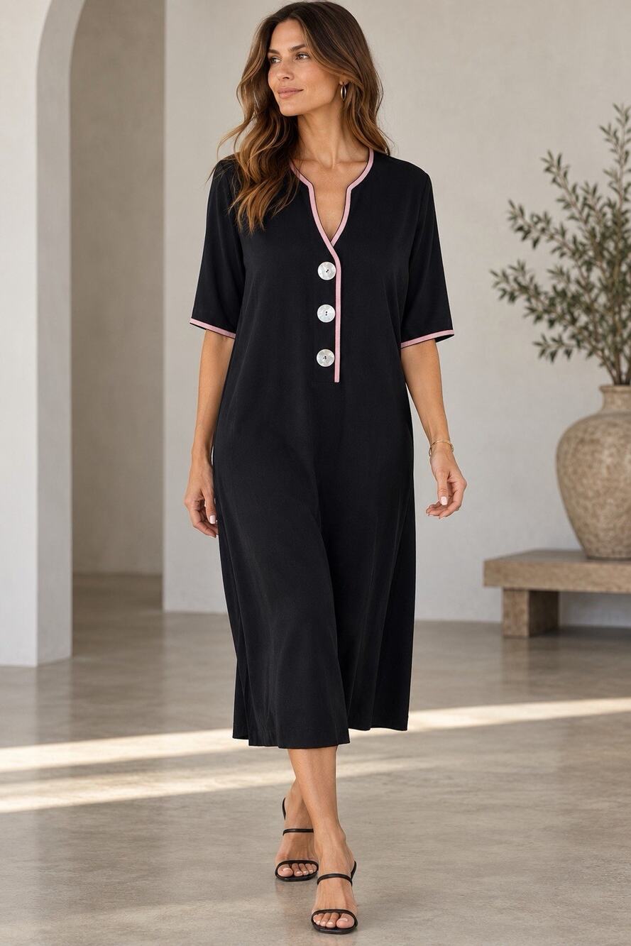 Ming Wang Black Pink Trim Midi Dress Mother of Pearl Button Minimalist Size XL